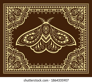 Stylized with henna tattoos decorative pattern for decorating covers book, notebook, casket, postcard and folder. Mandala, flower, moth and border in mehndi style. Frame in the eastern tradition.