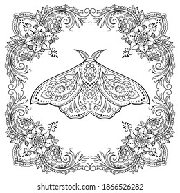 Stylized with henna tattoos decorative pattern for decorating covers book, notebook, casket, postcard and folder. Mandala, flower, moth and border in mehndi style. Frame in the eastern tradition.