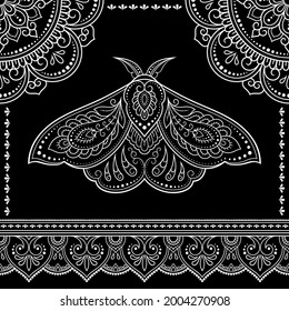 Stylized with henna tattoos decorative pattern for decorating covers book, notebook, casket, postcard and folder. Mandala, flower, moth and border in mehndi style. Frame in the eastern tradition.