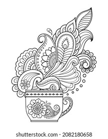 Estilizado con tatuajes de henna patrón decorativo en forma de taza de café para las cubiertas de decoración de libros, cuadernos, cajetes y revistas. Flor de estilo mehndi en la tradición oriental. Coloreando la página del libro.