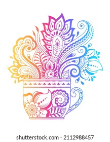 Stylized with henna tattoos decorative pattern in form of cup of coffee for decorating covers for book, notebook, casket and magazine. Rainbow flower in mehndi style in eastern tradition.