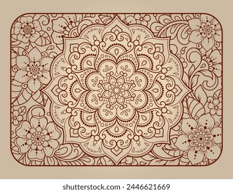 Estilizado con tatuajes de henna patrón decorativo para decorar cubiertas para libro, cuaderno, ataúd, revista, postal y carpeta. Flor de tradición oriental y diseño de mandala en estilo mendi.