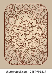 Stylized with henna tattoos decorative pattern for decorating covers for book, notebook, casket, magazine, postcard and folder. Eastern tradition flower and mandala design in mehndi style.