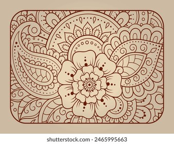 Stylized with henna tattoos decorative pattern for decorating covers for book, notebook, casket, magazine, postcard and folder. Eastern tradition flower and mandala design in mehndi style.