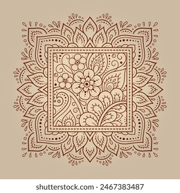 Stylized with henna tattoos decorative pattern for decorating covers for book, notebook, casket, magazine, postcard and folder. Eastern tradition flower and mandala design in mehndi style.