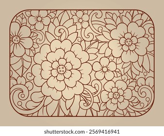 Stylized with henna tattoos decorative pattern for decorating covers for book, notebook, casket, magazine, postcard and folder. Eastern tradition flower and mandala design in mehndi style.