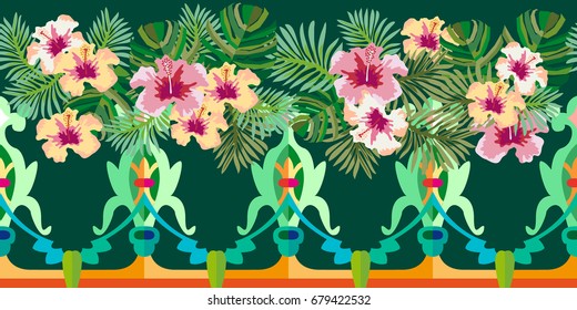 Stylized heraldic border with palm leaves and hibiscus flowers. Seamless vector pattern with Gothic and Art Nouveau floral and geometric elements. Vintage textile collection.