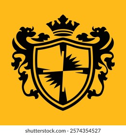 A stylized heraldic shield design, featuring a black shield with a quartered pattern and decorative lion-like supporters, positioned on a bright yellow background.