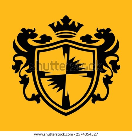 A stylized heraldic shield design, featuring a black shield with a quartered pattern and decorative lion-like supporters, positioned on a bright yellow background.