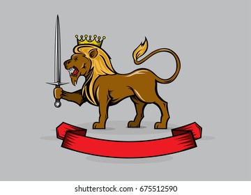 Stylized heraldic vector lion in the crown holding a sword with a ribbon at the bottom