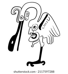 Stylized heron bird with human face on its belly. Ancient Native American ethnic animal design. Black and white silhouette.
