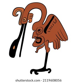 Pájaro garza estilizado con rostro humano en el vientre. Antiguo diseño de animales étnicos nativos americanos.