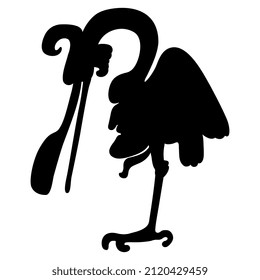 Pájaro garza estilizado con rostro humano en el vientre. Antiguo diseño de animales étnicos nativos americanos. Silueta negra de fondo blanco.