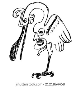 Pájaro garza estilizado con rostro humano en el vientre. Antiguo diseño de animales étnicos nativos americanos. Esbozo en bruto de doodle lineal dibujado a mano. Silueta negra de fondo blanco.