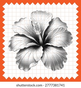 A stylized hibiscus flower created with a halftone dot pattern, presented on a light grid background enclosed by a vibrant orange zigzag patterned frame.
