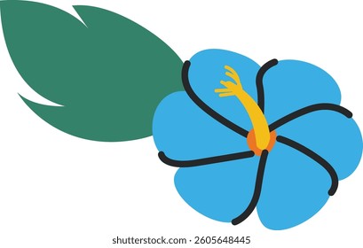 A stylized hibiscus flower with a single leaf in a minimalist style. The bloom features bold outlines and a simple design. Cartoon vector illustration.