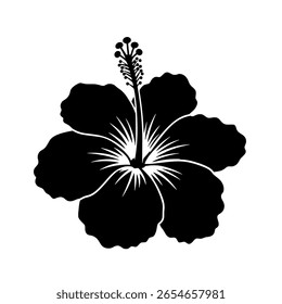 Stilisierte Hibiskusblume als solides schwarzes Glyphensymbol. Einfache Grafik für tropisches Branding, Sommerfeste oder Textilmuster.