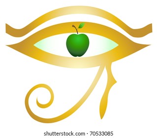 Stylized hieroglyph in the form of Egyptian eyes with green apple