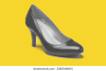 A stylized high heel shoe in black and white, set against a vibrant yellow background. The shoe features a classic design with a pointed toe and a stiletto heel, created using a dotted pattern.