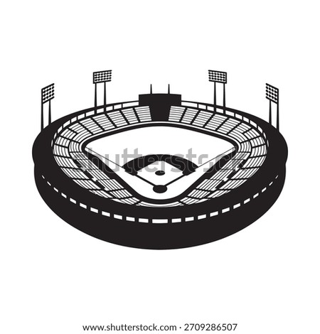 A stylized, high-angle black and white illustration of a baseball stadium showing the field and surrounding seating areas.