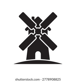 A stylized, high-contrast illustration of a classic windmill featuring four elongated blades intersecting at a central hub, mounted on a sturdy stone base with an arched entrance. The design uses soli.