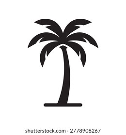 A stylized, high-contrast silhouette of a palm tree featuring a thick trunk and fan-shaped fronds, rendered in solid black against a plain white background. The design emphasizes clean lines and bold .