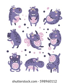 Stylized Hippo With Polka-Dotted Pattern Collection Of Childish Stickers Or Prints Of Friendly Toy Animal In Violet And Blue Color