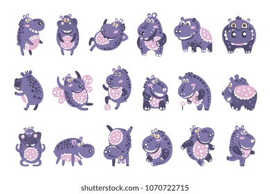 Stylized Hippo With Polka-Dotted Pattern Set Of Childish Stickers Or Prints Of Friendly Toy Animal In Violet And Blue Color