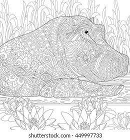 Stylized hippopotamus (hippo) swimming among water lilies (lotus flowers) and pond algae.
Freehand sketch for adult anti stress coloring book page with doodle and zentangle elements.