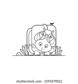 Stylized hippopotamus on outside with little bird, shrubs and stones outline stock vector illustration for coloring book. Outline stylized vector most dangerous hippo isolated on white background. 