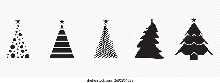 Stilisiertes Weihnachtsbaum-Symbol-Set in Schwarz mit Sterndekorationen, Einzigartiges Weihnachtsbaum-Symbol-Paket in Schwarz-Vollton-Vektorgrafik
