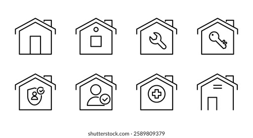 Stylized Home Icons Representing Concepts Like Security, Healthcare, Safety, and Keys