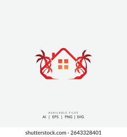 Stilisiertes Home- und Palmbaum-Logo-Design, lebendiges Real Estate- und Hospitality-Logo, stilisiertes Home- und Palmbaum-Logo-Design