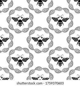 Stylized honey bee seamless vector pattern background. Formal black and white geometric backdrop with flying insect in round frames of paisley florals. Elegant vintage line etching style repeat