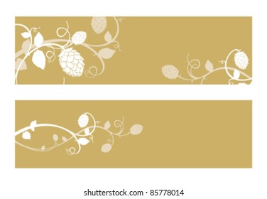 Stylized hop flowers composition, gold banner set.