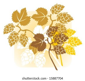 Stylized hop flowers composition on a yellow background.