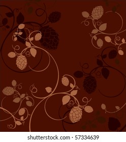 Stylized hop flowers composition on a dark red background, vector