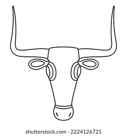 Stylized horned head of a bull. Ancient animal sculpture from Maiiorca, Spain. Black and white linear silhouette.