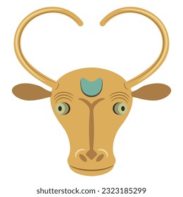 Stylized horned head of a bull or cow. Ethnic animal design from Altyndepe, Turkmenistan. Isolated vector illustration.