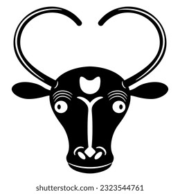 Stylized horned head of a bull or cow. Ethnic animal design from Altyndepe, Turkmenistan. Black and white silhouette.