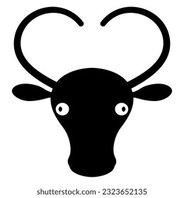 Stylized horned head of a bull or cow. Ethnic animal design from Altyndepe, Turkmenistan. Black and white silhouette.