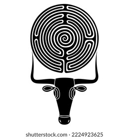 Stylized horned head of a bull holding a round spiral maze or labyrinth symbol. Creative concept. Ancient animal sculpture from Maiiorca, Spain. Black and white silhouette.