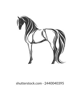 A stylized horse with a beautiful mane and tail, standing quietly, vector illustration