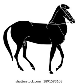 Stylized horse. Black and white silhouette. Ancient Greek vase painting style.