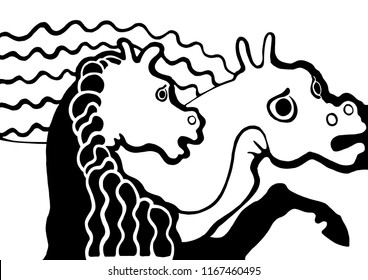 Stylized horse characters, simple contour drawing against a white background. Vector illustration.
