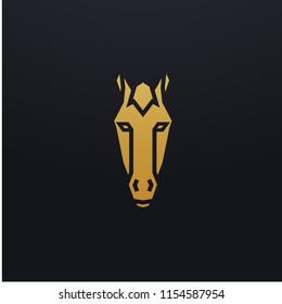 Stylized horse head icon illustration. Vector glyph, animal design with golden color