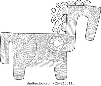 Stylized Horse Line Art with Intricate Patterns, Black and white line drawing of a stylized horse figure filled with intricate zentangle and mandala-like patterns, perfect for coloring books or