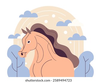 Stylized horse on a nature background with rainbow and clouds. Year of the Horse. Modern illustration in flat style.