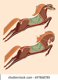 Stylized horses, colored. On a pink background