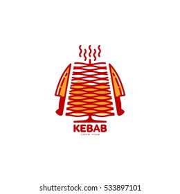Stylized hot, freshly grilled Turkish doner kebab logo template, vector illustration isolated on white background. Creative two-colored Turkish doner kebab, shawarma logotype with meat and knives